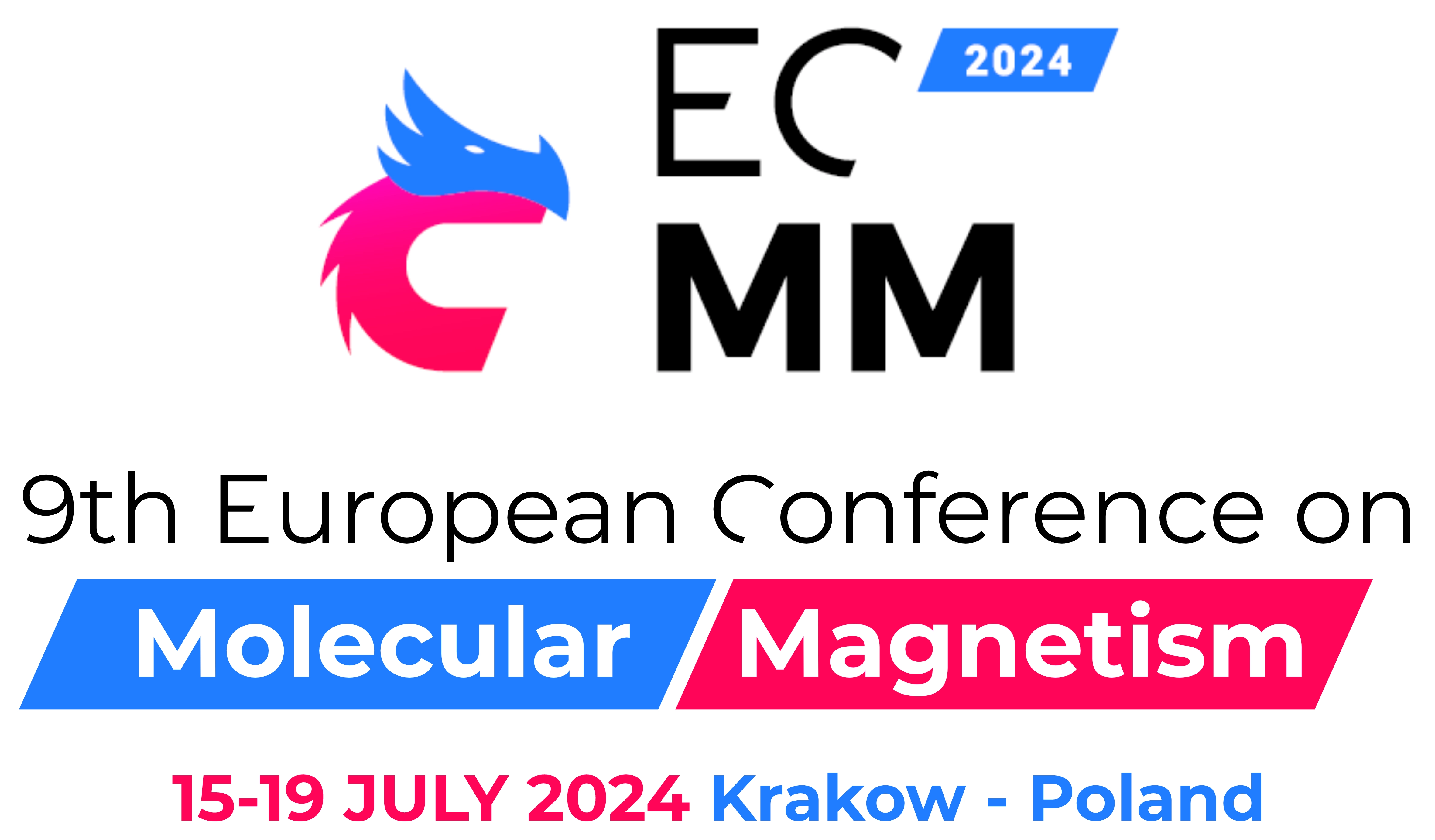 Information banner prepared for the ECMM 2024 conference taking place from July 15th to 19th. The banner presents the conference logo, which shows the head of the Wawel dragon in the shape of a horseshoe magnet as a reference to magnetism.