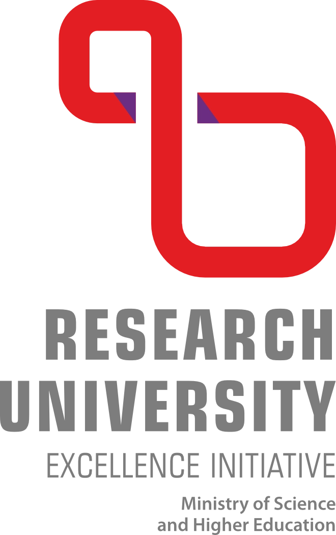 Logo of The Excellence Initiative - Research University" programme, Polish acronym IDUB. The logo shows a red ribbon wrapped in the shape of the number eight 
