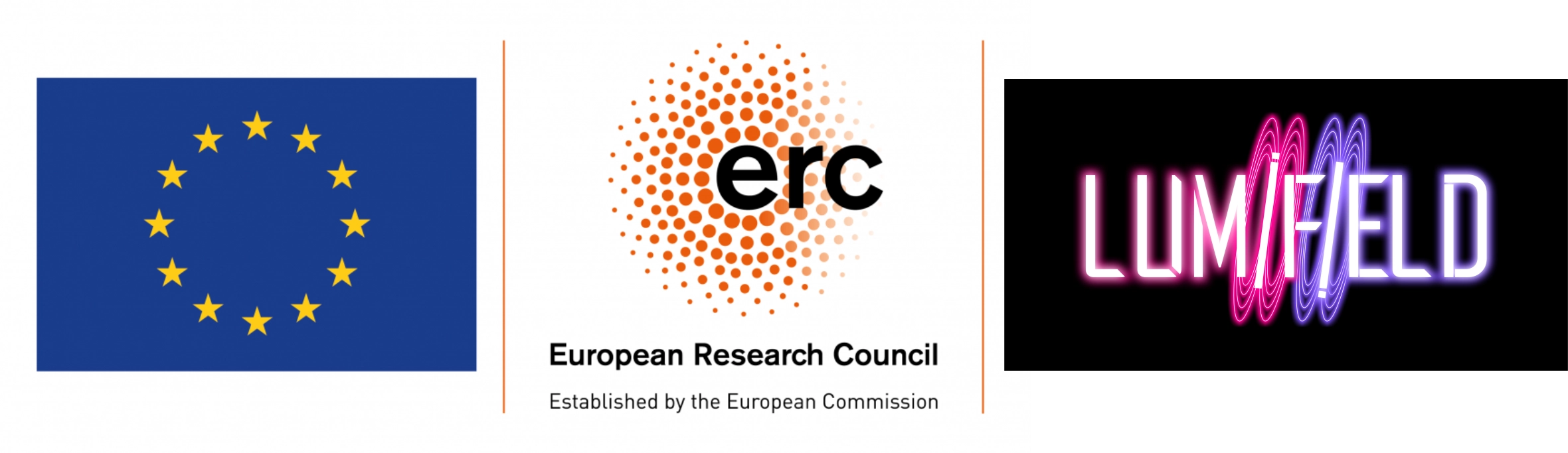 The series of signs depicting the flag of the European Union, a circle composed of twelve golden five-pointed stars on an azure background, the European Research Council logo, an orange sphere made of small circles, and the lumifield project logo, the lumiefield inscription stylized as neon lights