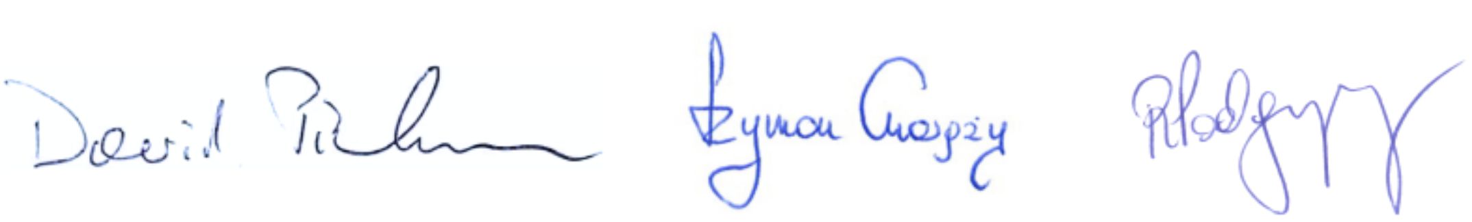 Handwritten signatures of Dawid Pinkowicz. Szymon Chorąży, and Robert Podgajny